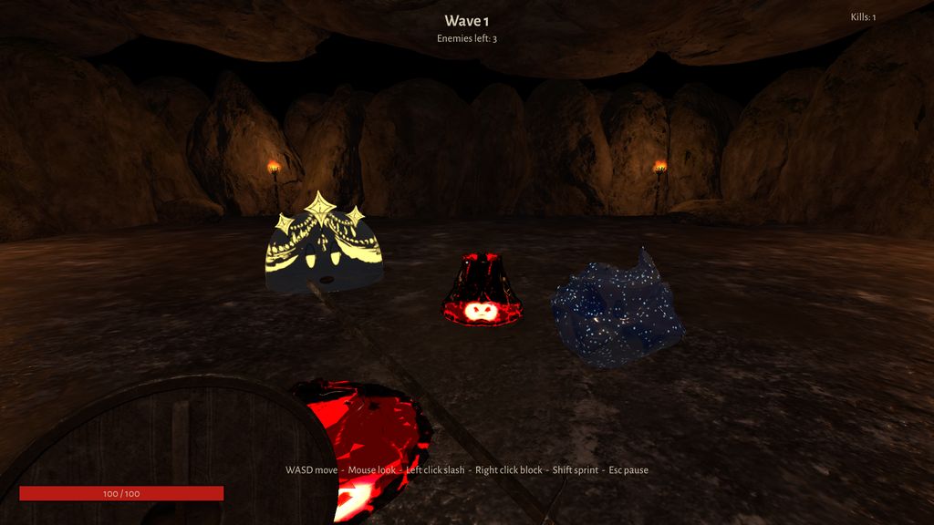 Chronicles of the Realm: fighting slimes in a torch-lit cave arena