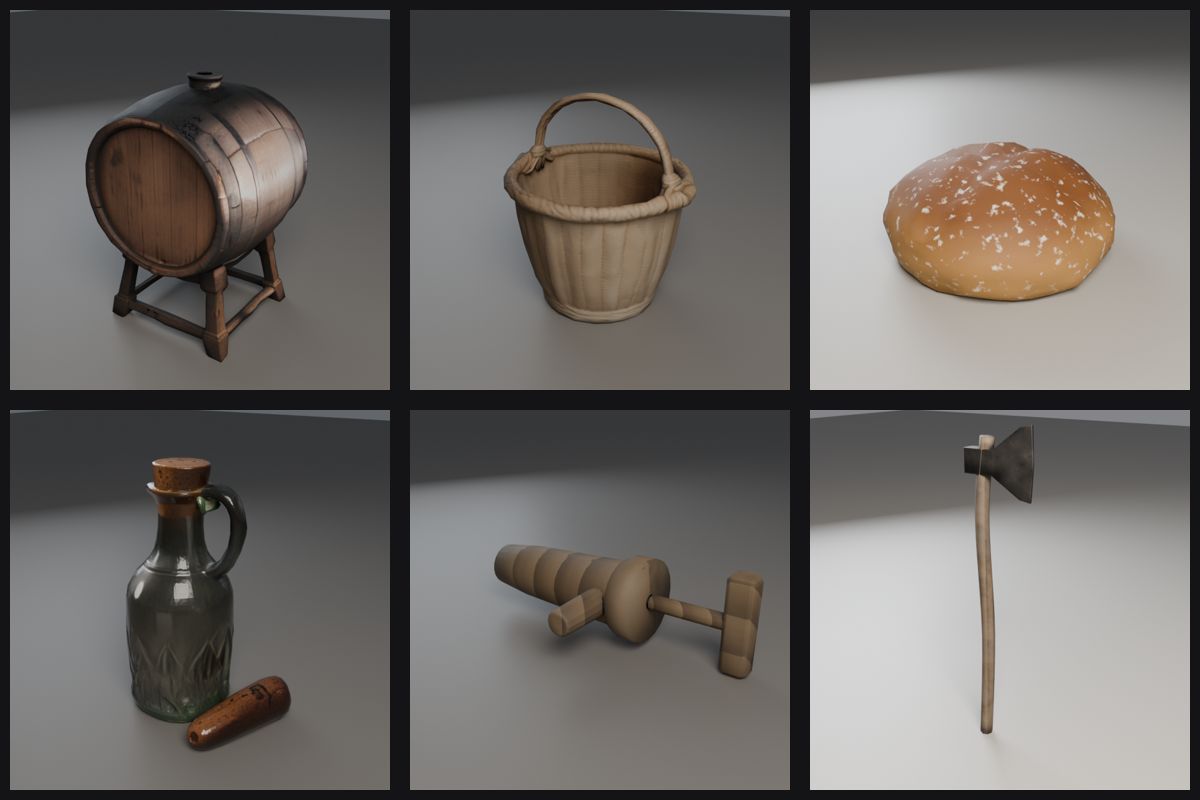 Renders of props from the Medieval Village Props pack: a barrel, basket, bread, bottle, barrel tap and axe