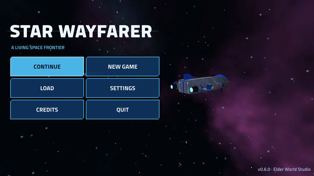 Star Wayfarer title screen with a starship in space